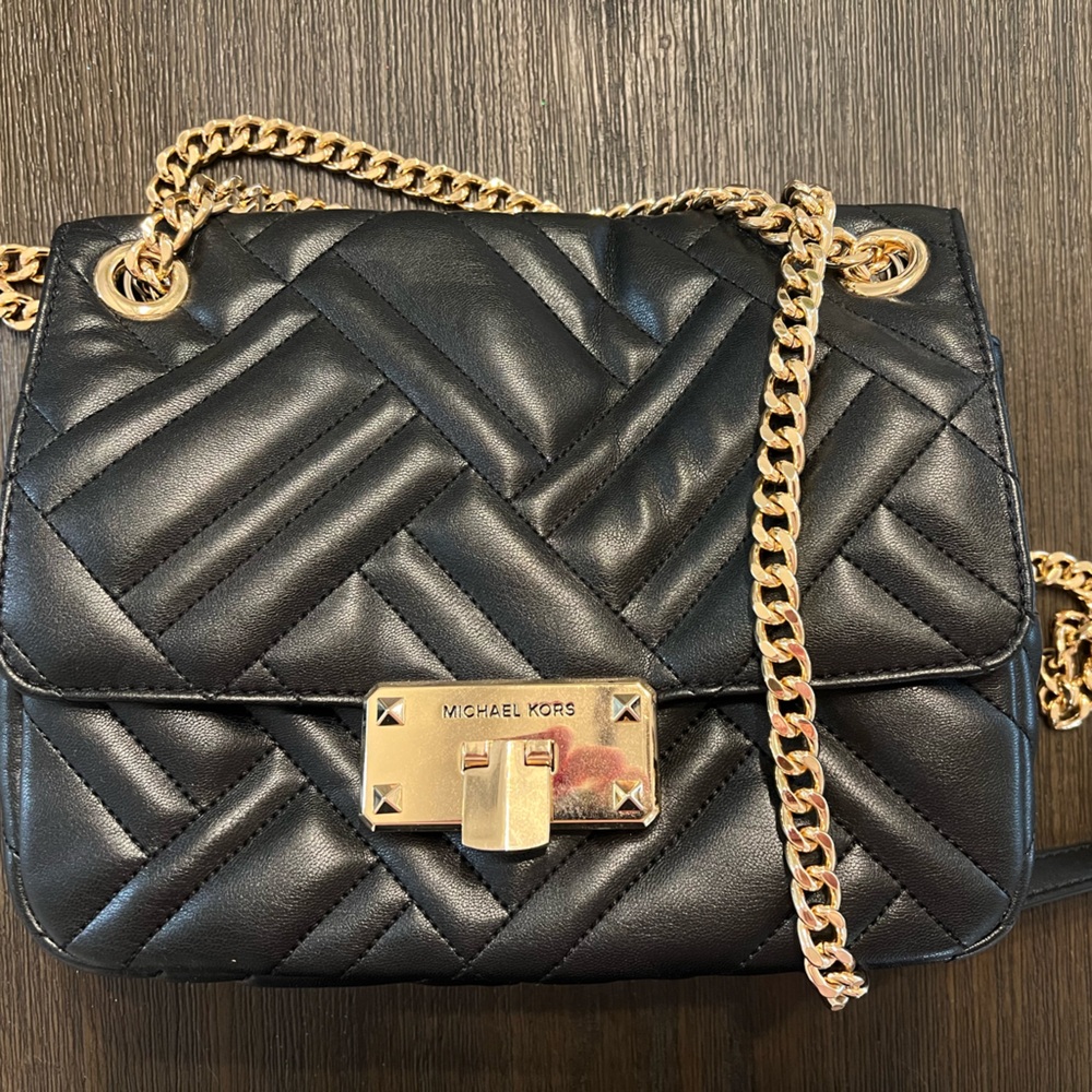 Michael Kors Black Quilted Crossbody Bag with Gold Chain